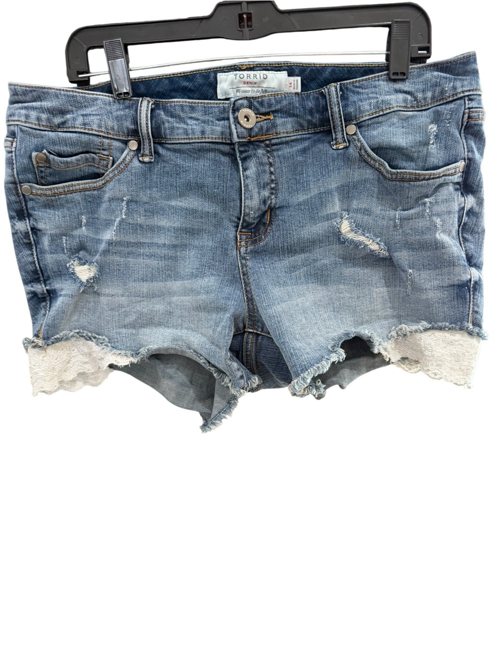 Torrid Distressed Denim Shorts Lace Pocket Detail Raw Hem Size 14
